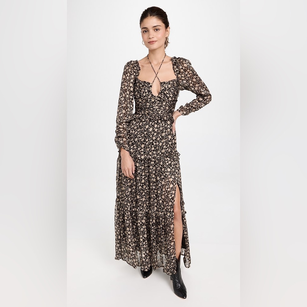 ASTR the Label Lovestruck Floral Maxi Dress Black Tan Slit Ruffle Boho Medium - Picture 2 of 15